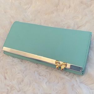 Leather Mint Golden Bow Wallet with Button Clasp